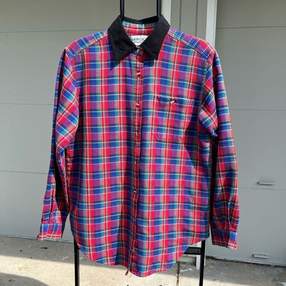 VTG Cabin Creek Plaid Button Down Waffle Shirt Contrast Collar Grunge M